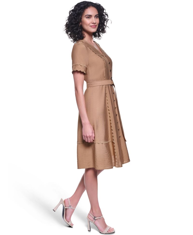 Women's Belted Nailhead Trim V-Neck Dress