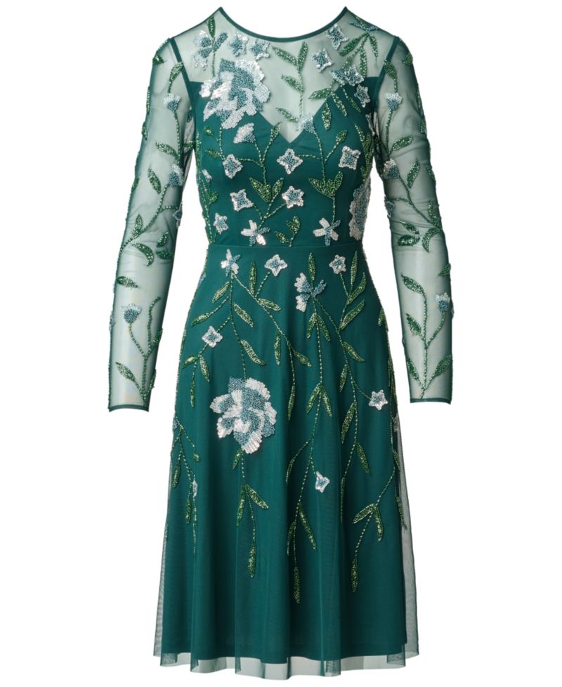 Women's Beaded-Sequin Floral-Print Long-Sleeve Midi Dress