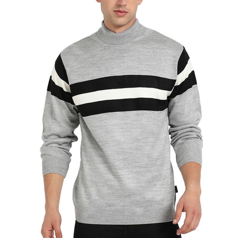 Men's Light Grey Relaxed Horizontal Striped Pullover Sweater