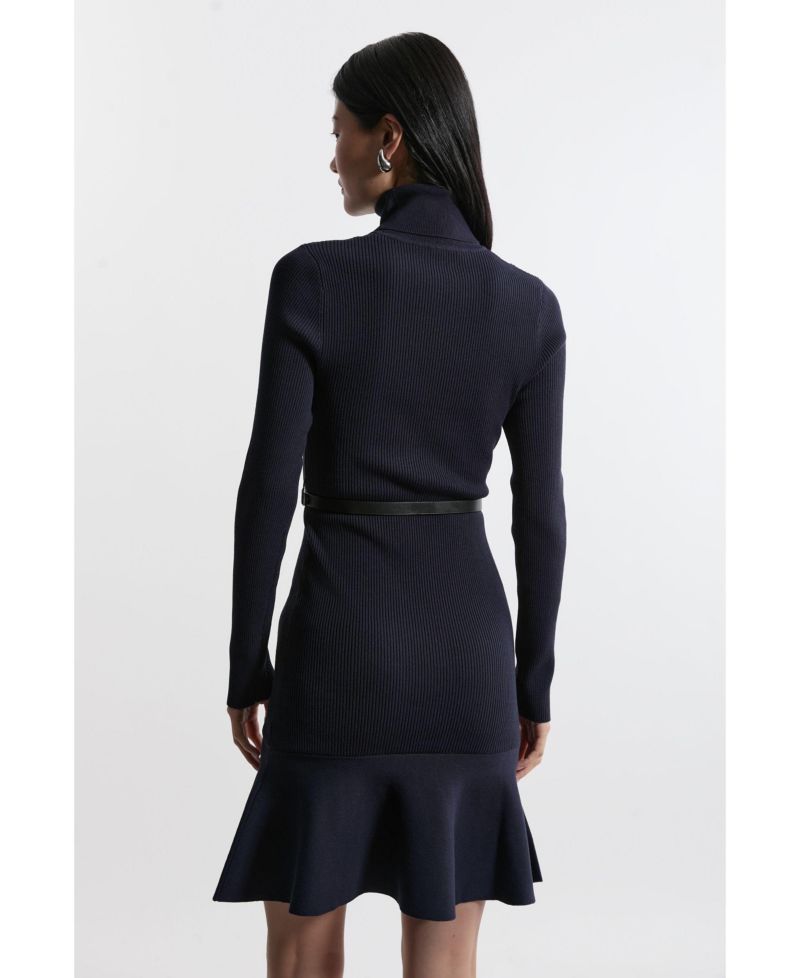 Women's Roll Neck Belted Flippy Hem Mini Dress
