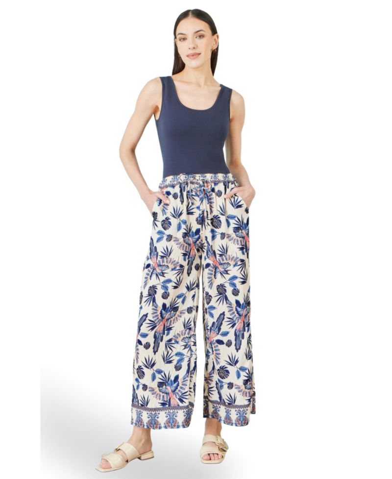 Women's Bird Print Viscose Wide Leg Trousers