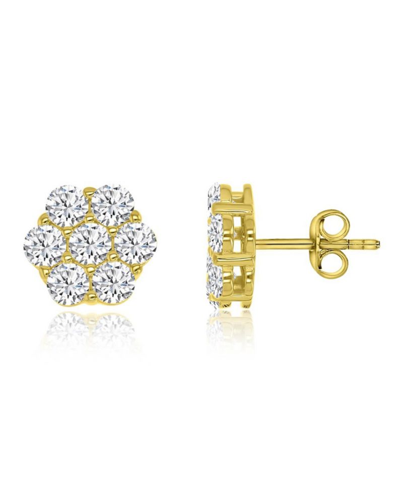 Cubic Zirconia Flower Stud Earrings in 14k Yellow Gold Over Sterling Silver
