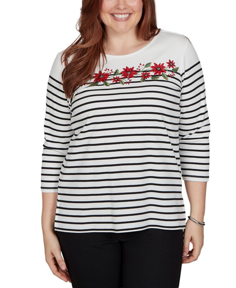 Petite Poinsettia Stripe 3/4 Sleeve T-Shirt