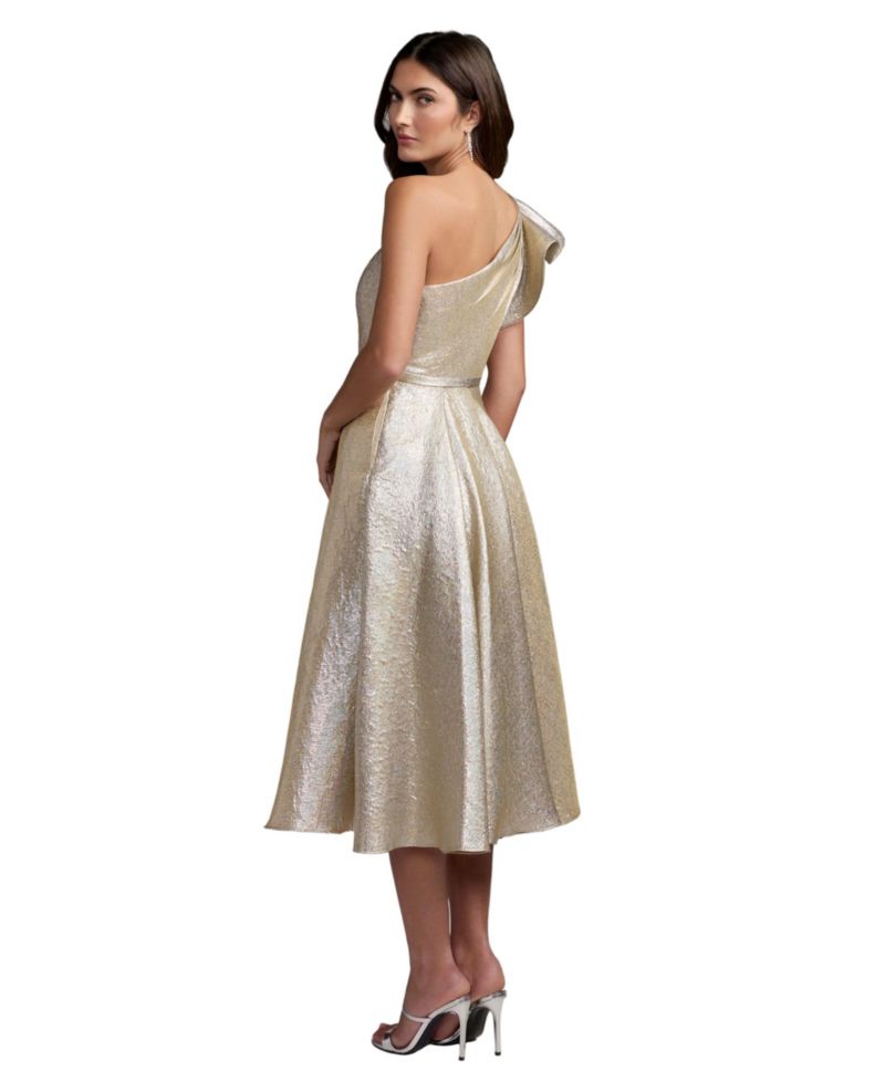 Women's One-Shoulder Ruffle Metallic Midi Dress