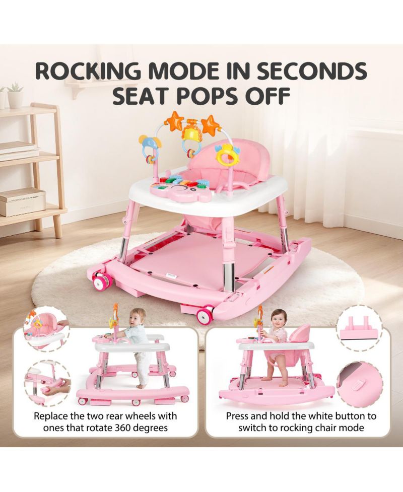 5-in-1 baby walker with adjustable height, activity panel and foldable design