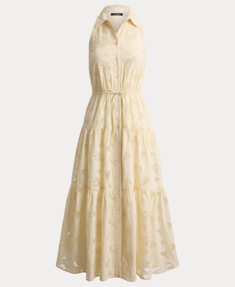 Women's Spread Collar Floral-Eyelet Voile Tiered Shirt-Dress