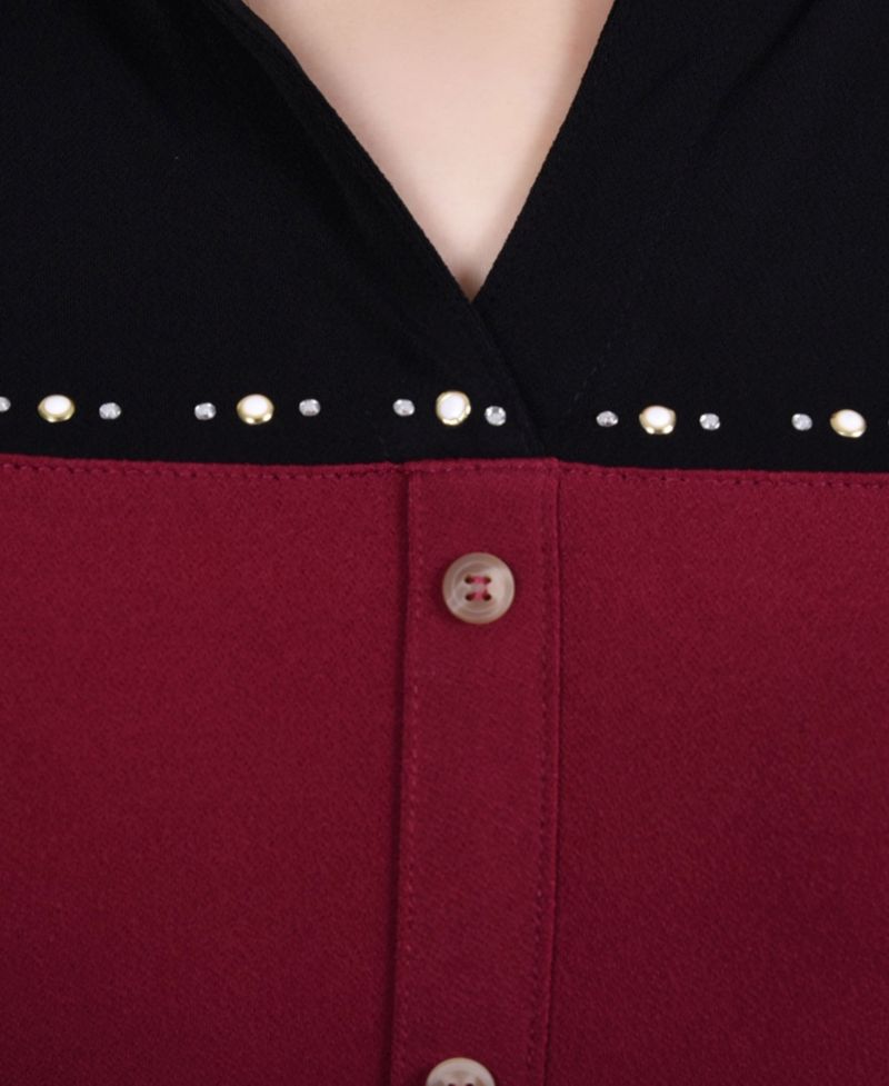 Women's Studded Color Blocked Split Neck Top