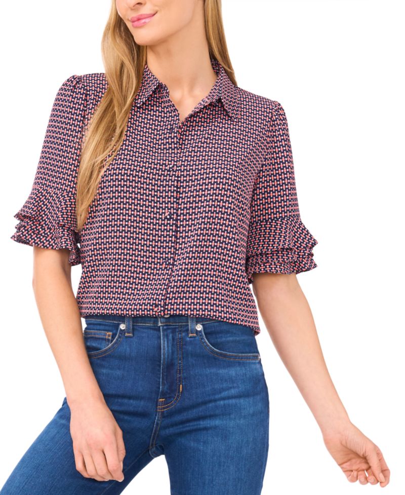 Women's Button Up Collared Elbow Ruffle Sleeve Top