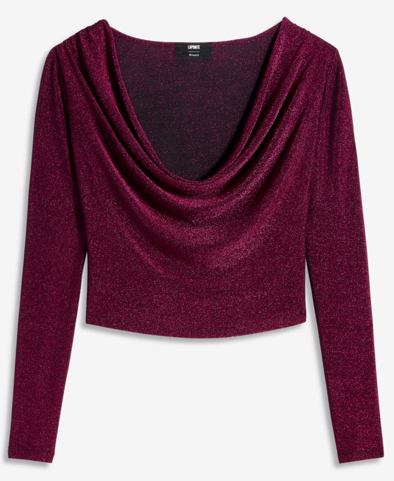 Women's Long-Sleeve Metallic-Knit Cowl Neck Top