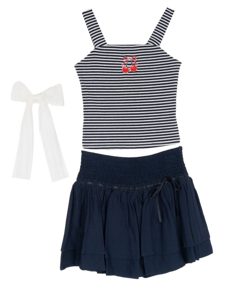 Girls' 7-16 Embroidered Graphic Striped Tank, Woven Skort and Ribbon, 3-Piece Set
