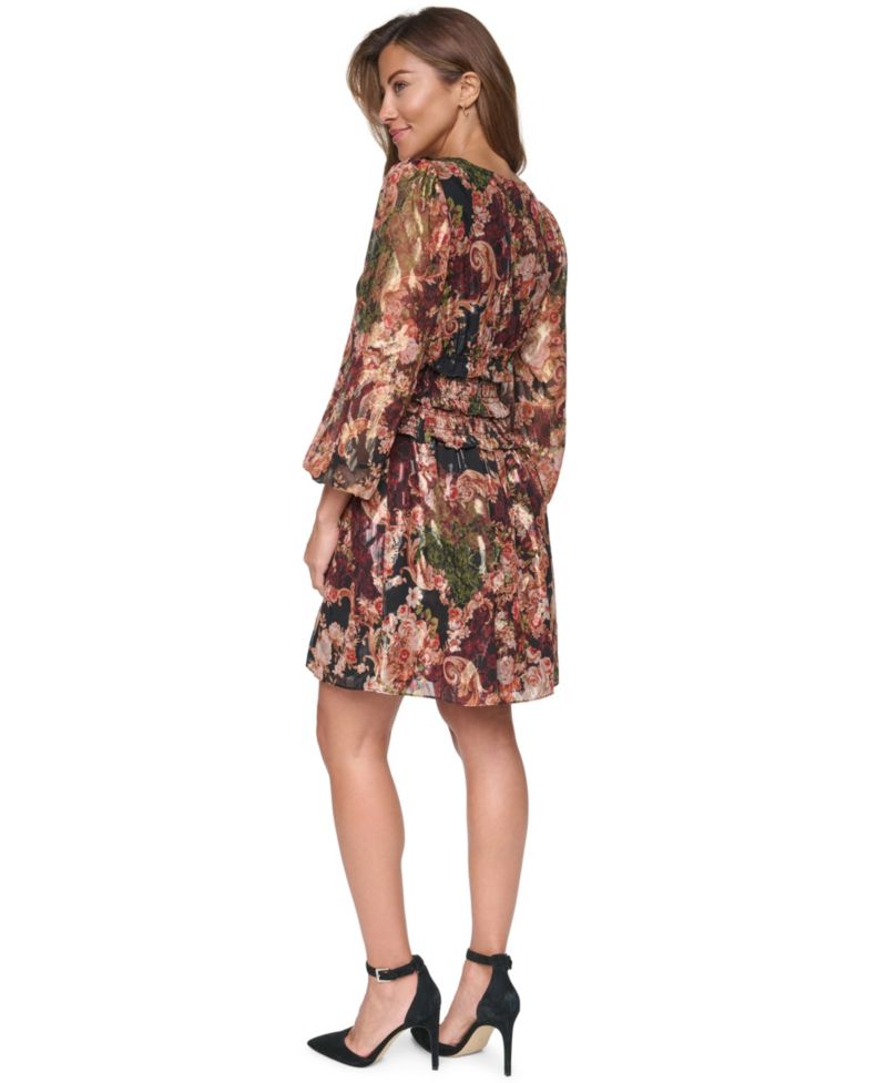 Women's V-Neck Balloon Sleeve Fit & Flare Dress