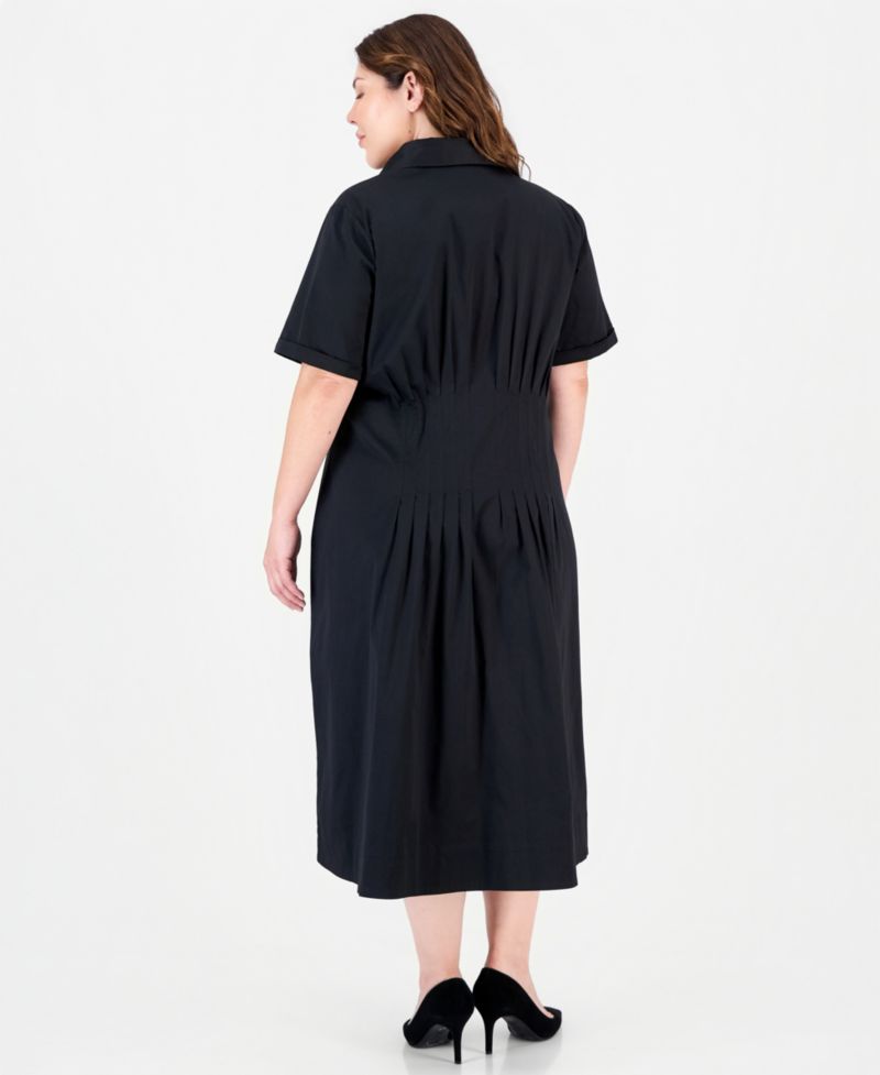 Plus Size Fit & Flare Pleated Waist Midi Shirt Dress