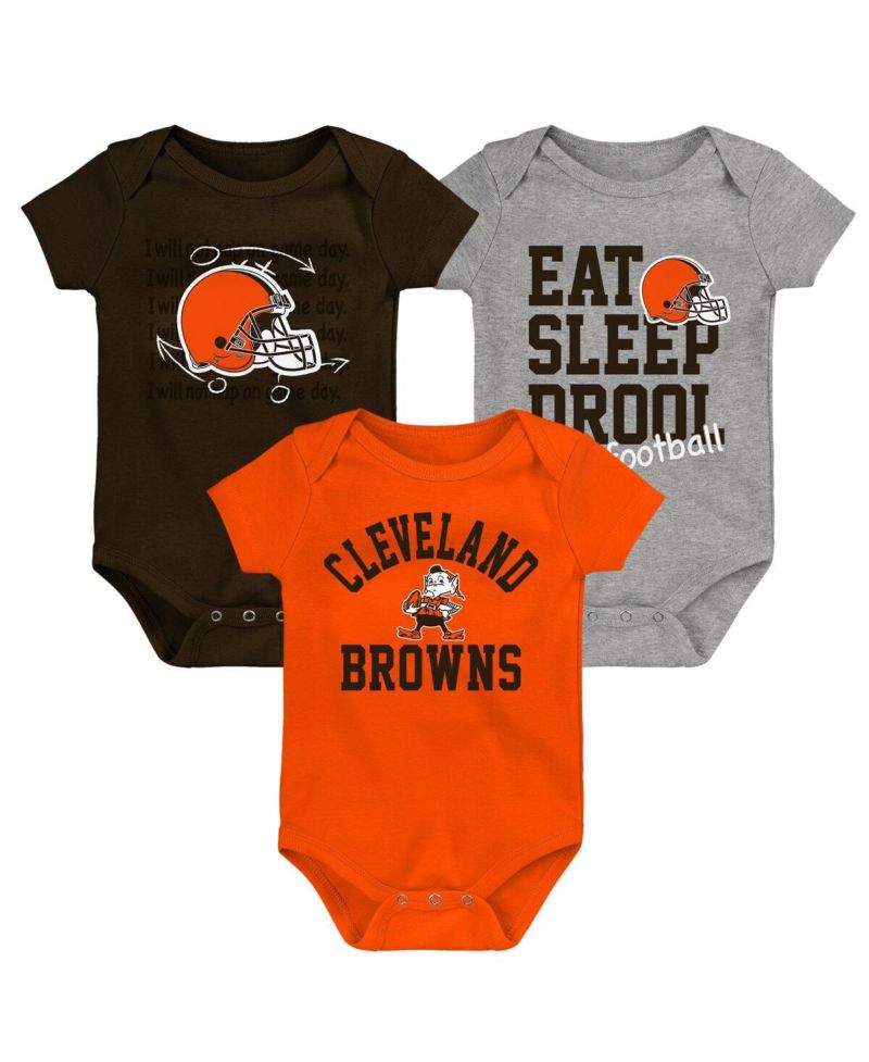 Baby Boys and Girls Brown, Orange, Heather Gray Cleveland Browns Three-Pack Eat, Sleep and Drool Retro Bodysuit Set