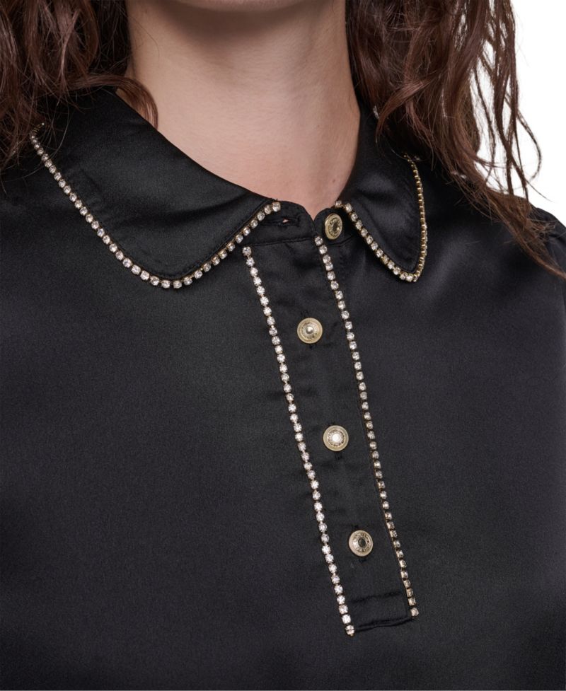 Women's Short-Sleeve Satin Crystal-Embellished Collared Blouse
