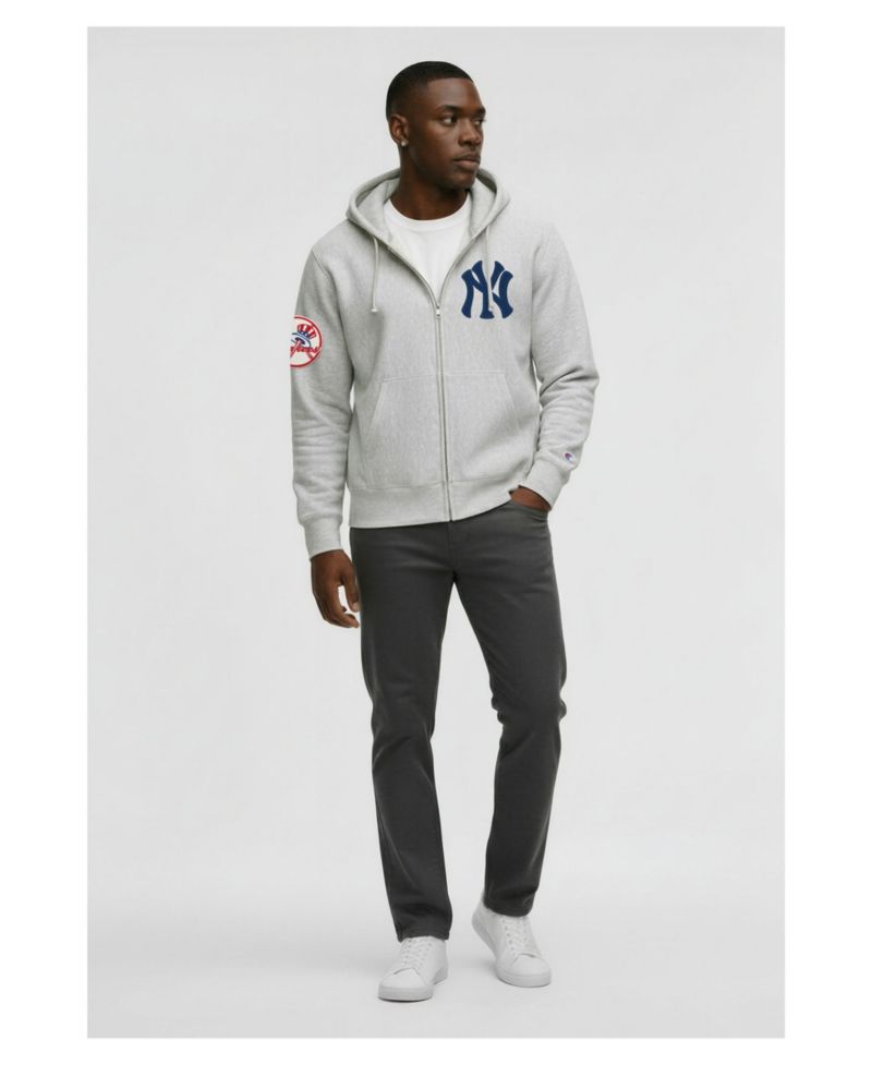 Men's Gray New York Yankees Reverse Weave Chenille Full-Zip Hoodie