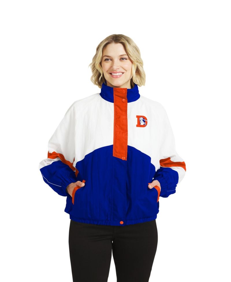 Women's White/Royal Denver Broncos Throwback Crinkle Full-Snap Hooded Windbreaker Jacket