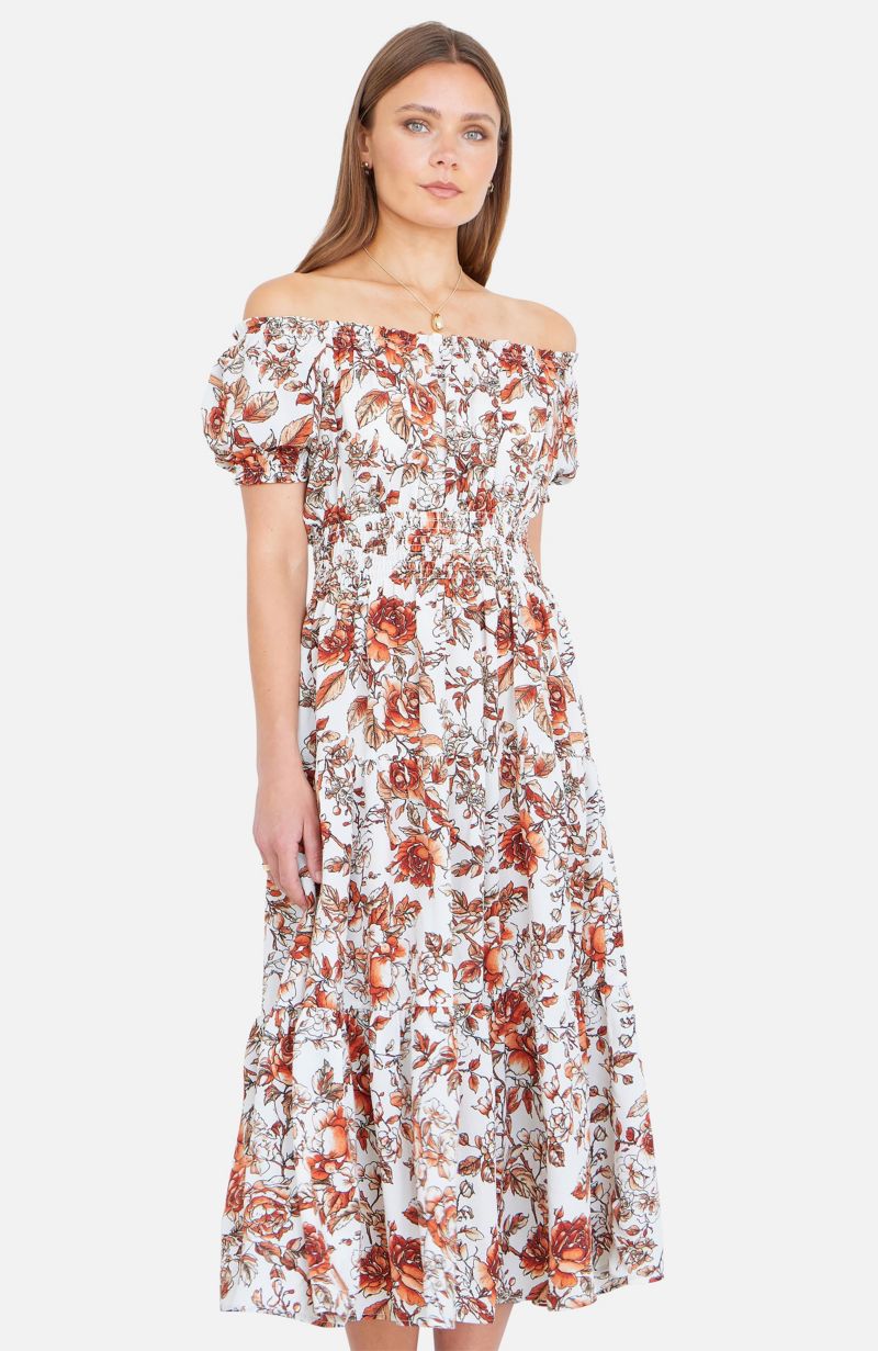 Women's Floral Ruched Waist Midi Dress