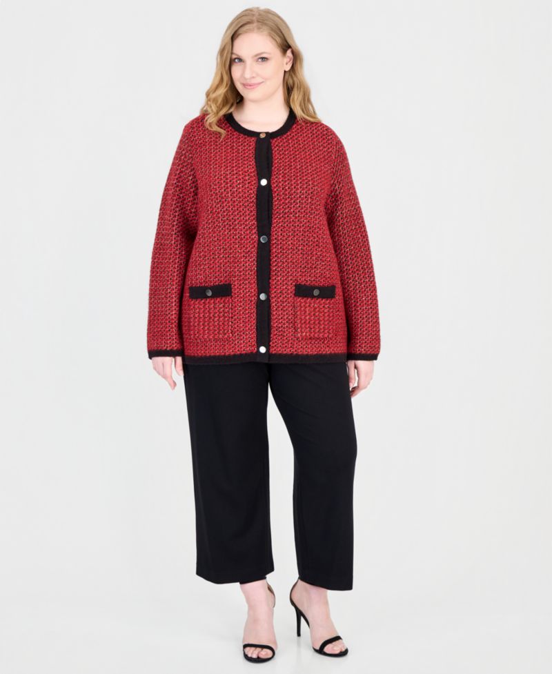 Plus Size Boucl&eacute; Crewneck Cardigan