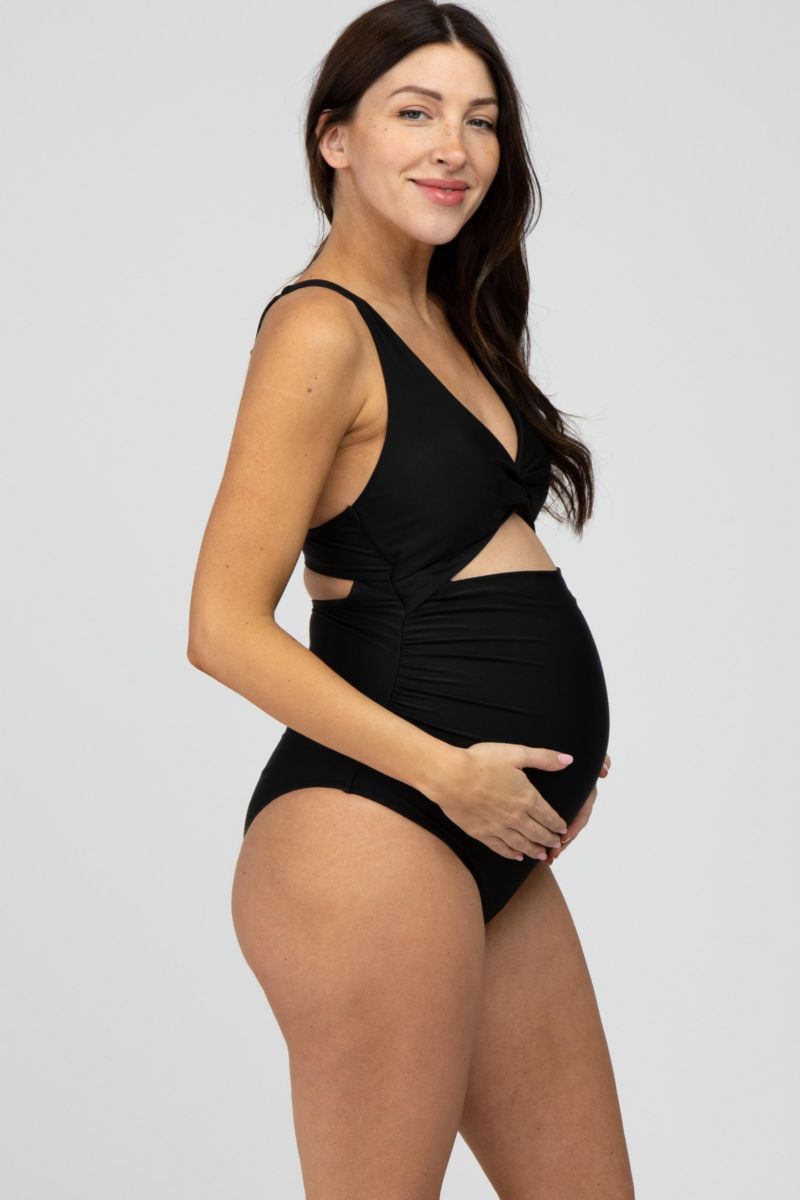 Women's Olive Ruched Sides Front Cutout One Piece Swimsuit