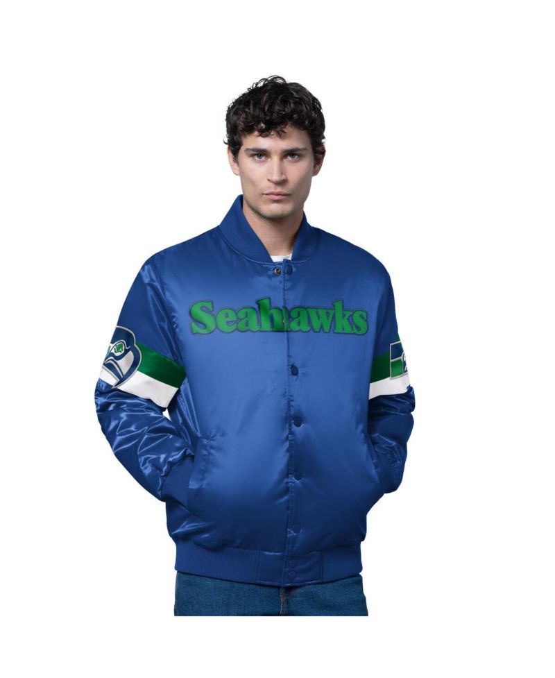 Men's Royal Seattle Seahawks Triple Option Satin Varsity Vintage Logo Full-Snap Jacket