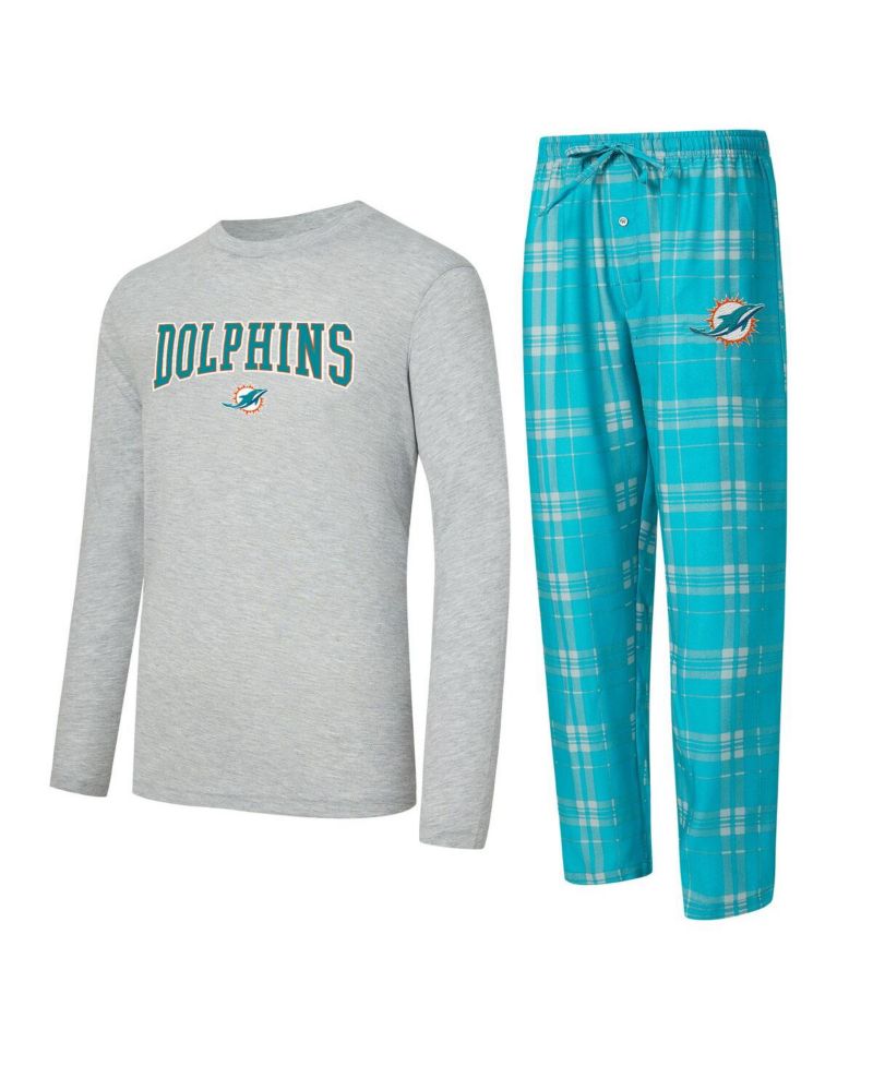 Men's 2-Piece Aqua/Gray Miami Dolphins Regulate Long Sleeve T-Shirt and Plaid Pants Set