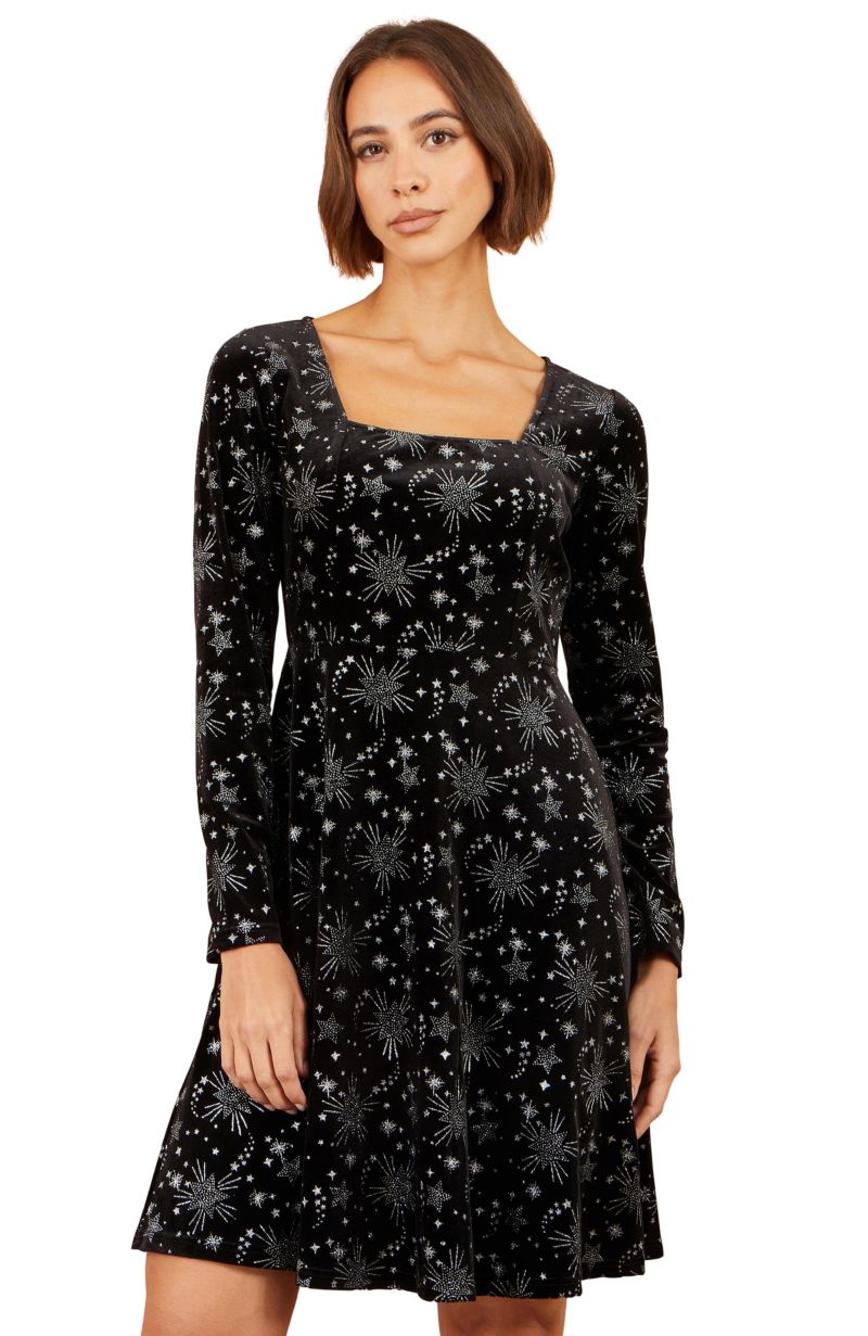 Women's Starburst Long-Sleeve Square-Neck Velvet Skater Dress