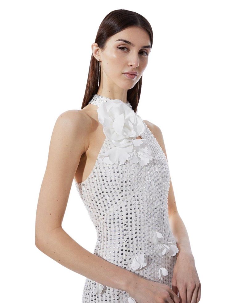 Women's Crystal Rosette Halter-Neck Maxi Dress