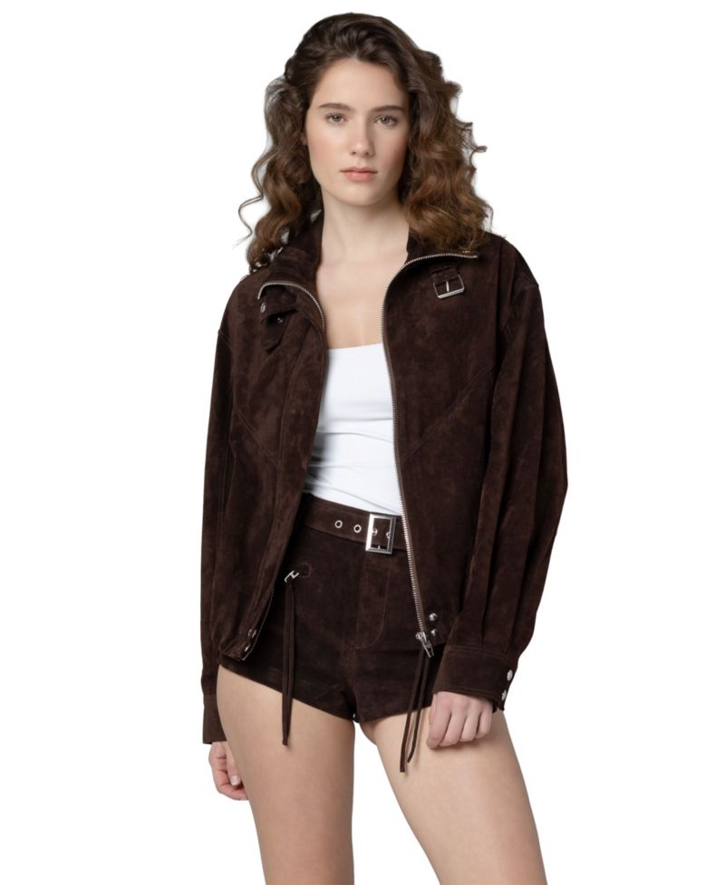 Women's Midnight Drift High Collar Suede Bomber Jacket
