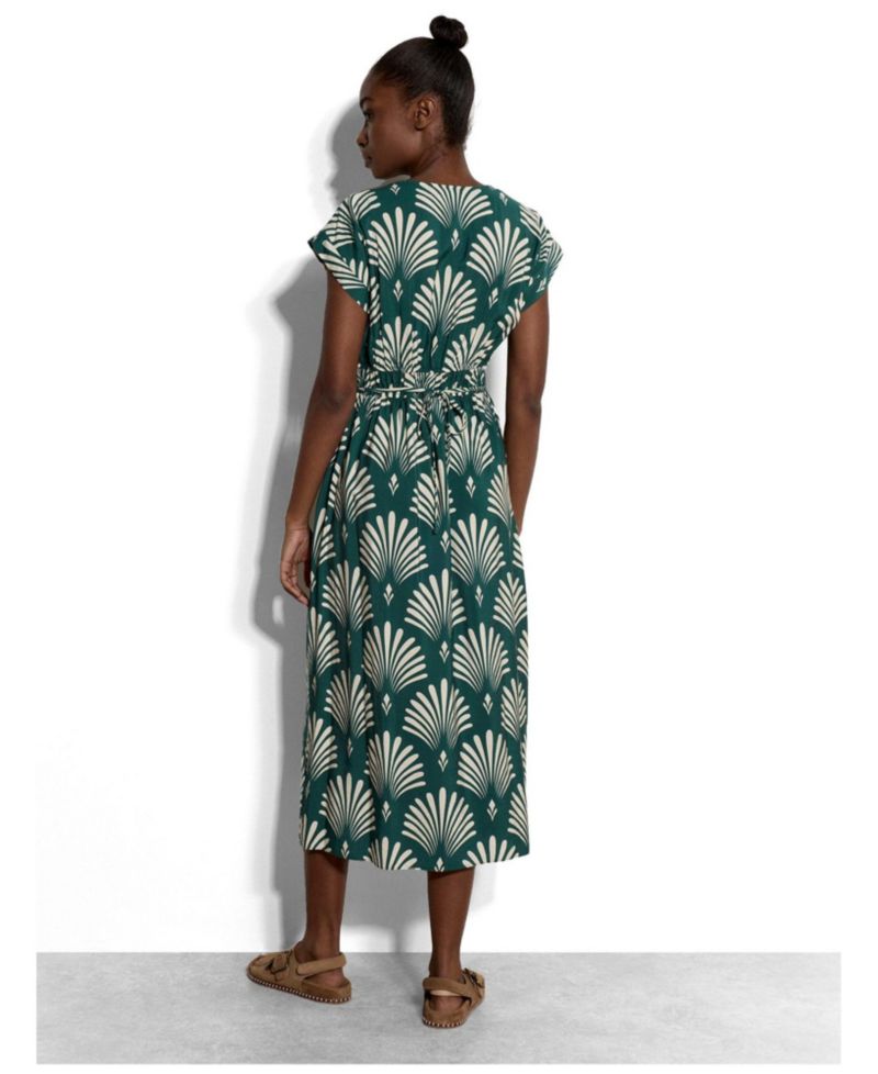Women's Smocked V-Neck Midi Dress with Pockets