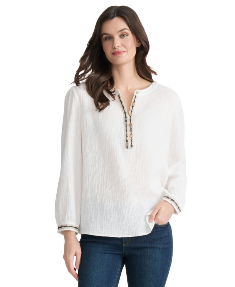Petite V-Neck Embroidered Placket Popover Top