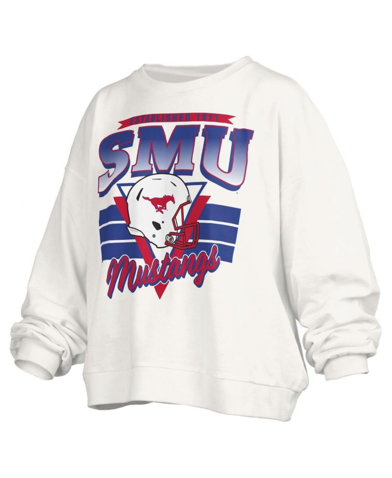 Women's White SMU Mustangs Oversized Janice Retro Waist-Length Pullover Sweatshirt