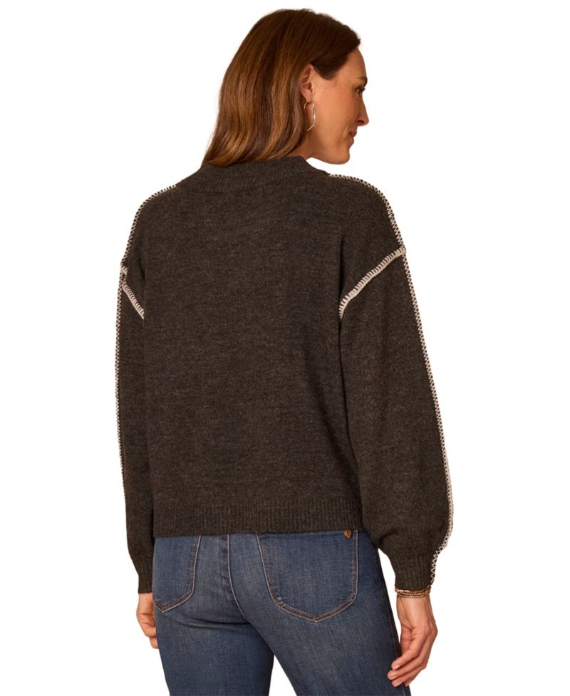 Women's Long-Sleeve Blanket Stitch Embroidery V-Neck Sweater