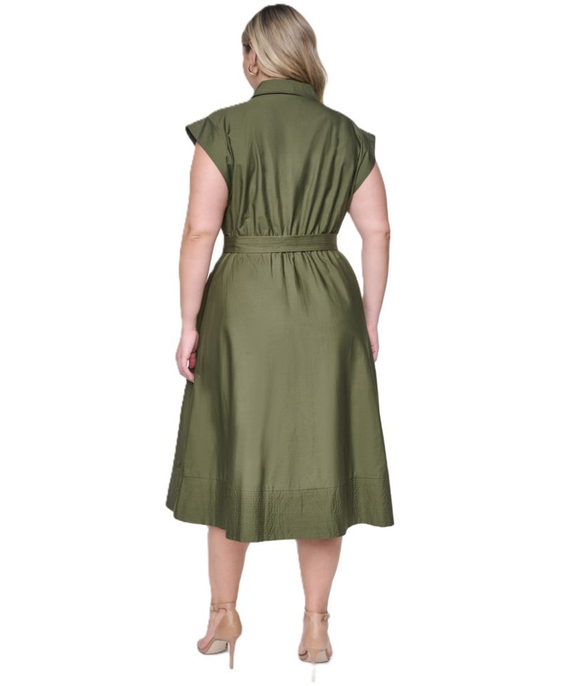 Plus Size Trapunto Stitch Short-Sleeve Belted Midi Shirt-Dress