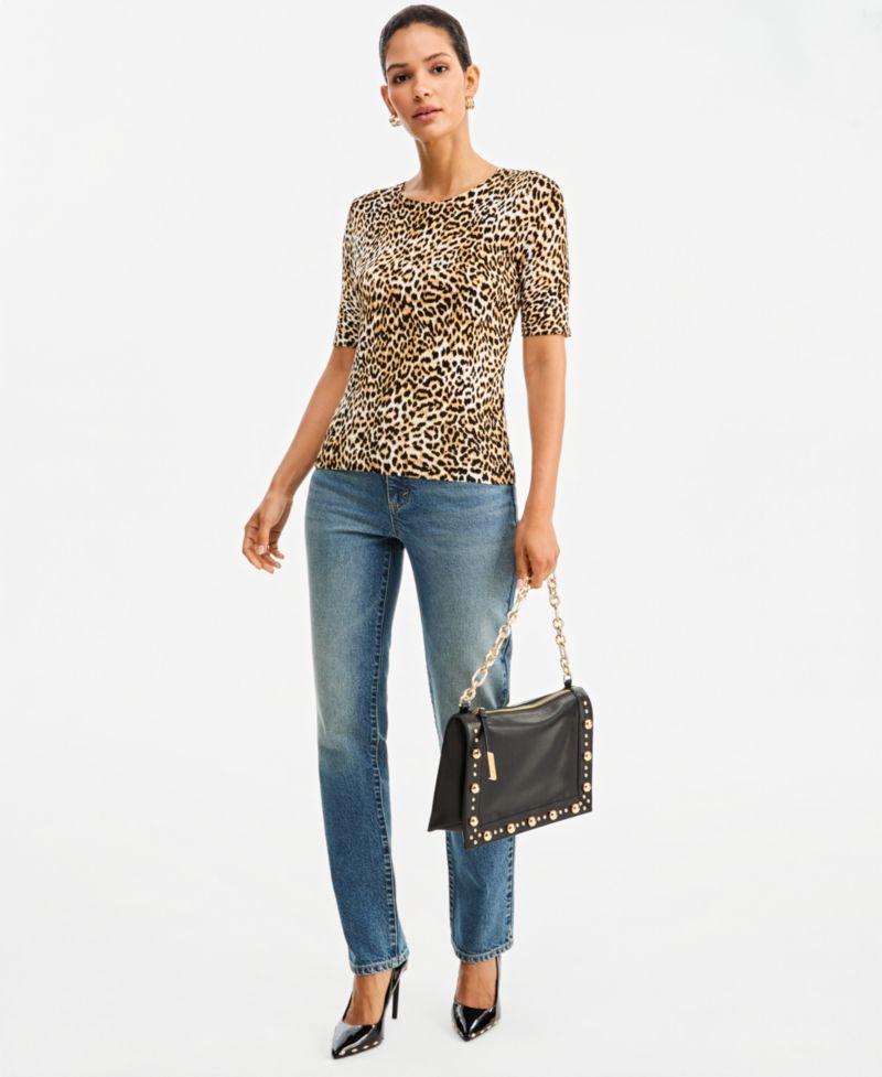 I.N.C. Women's Leopard-Print Fitted Short-Sleeve Crewneck Sweater