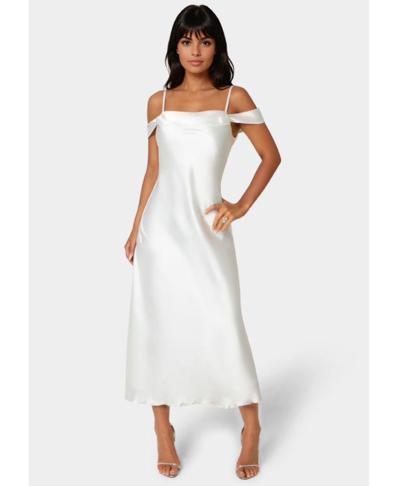 Women's Drape Shoulder High Slit Satin Maxi Dress