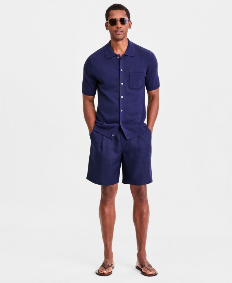 Men's Short-Sleeve Linen and Cotton Button Sweater Polo Shirt