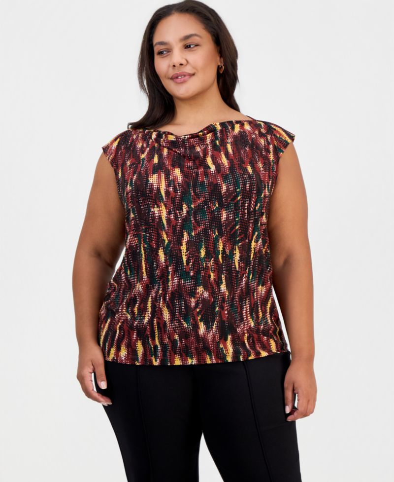Plus Size Cowl Neck Cap Sleeve Draped Front Blouse