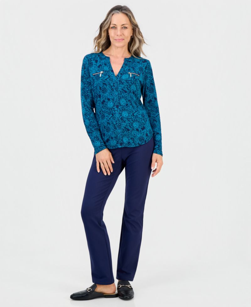 Petite Floral Arrangement V-Neck Zipper-Pocket Long-Sleeve Blouse