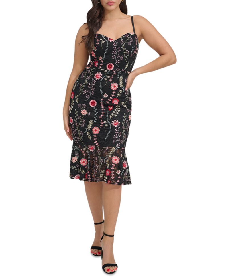 Women's Floral-Print Embroidered Lace Midi Dress