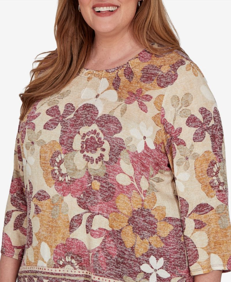 Plus Size Floral-Print Geometric-Border 3/4-Sleeve Top