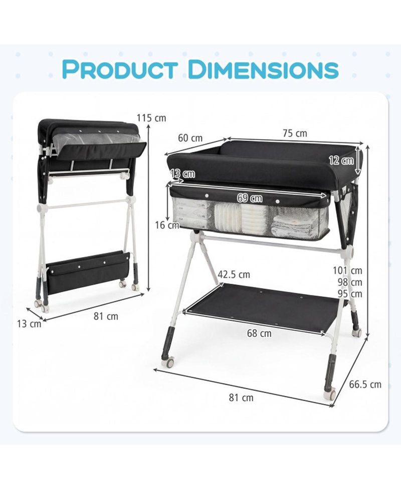 3-Level Adjustable Portable Baby Changing Table with Wheels