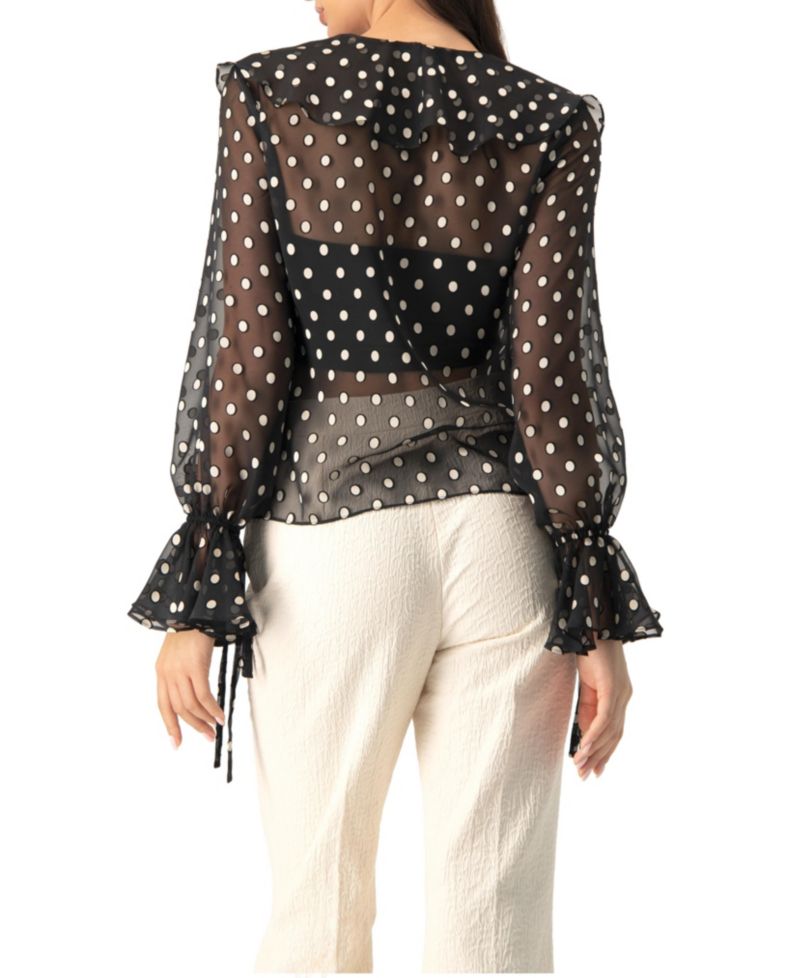 Women's See-Through Polka Dot V-Neck Blouse