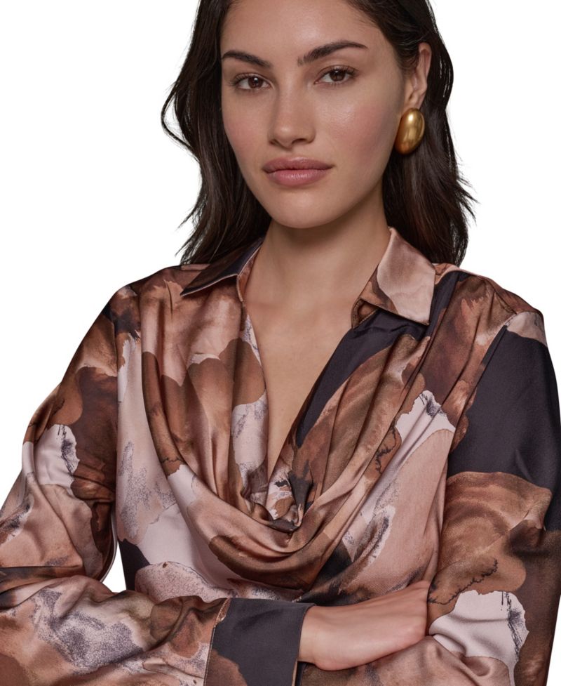 Women's Long-Sleeve Satin Cowl-Neck Blouse
