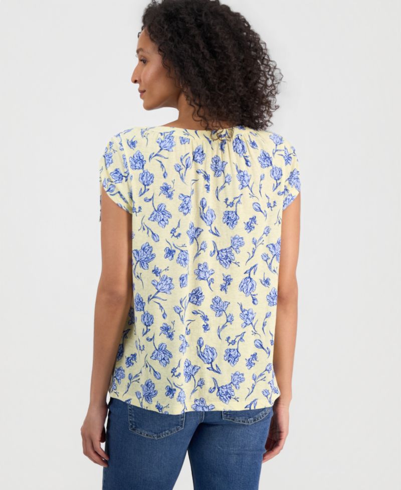 Plus Size Printed Ruched-Shoulder Boat-Neck Top
