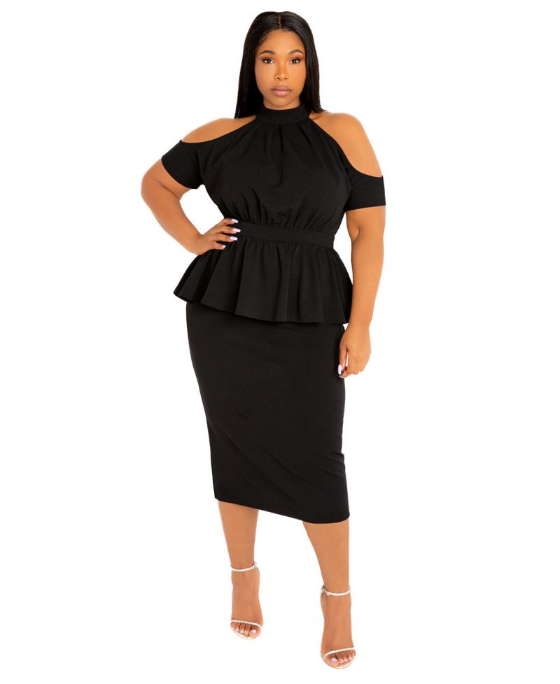 Plus Size Cut-out Shoulder Peplum Midi Dress