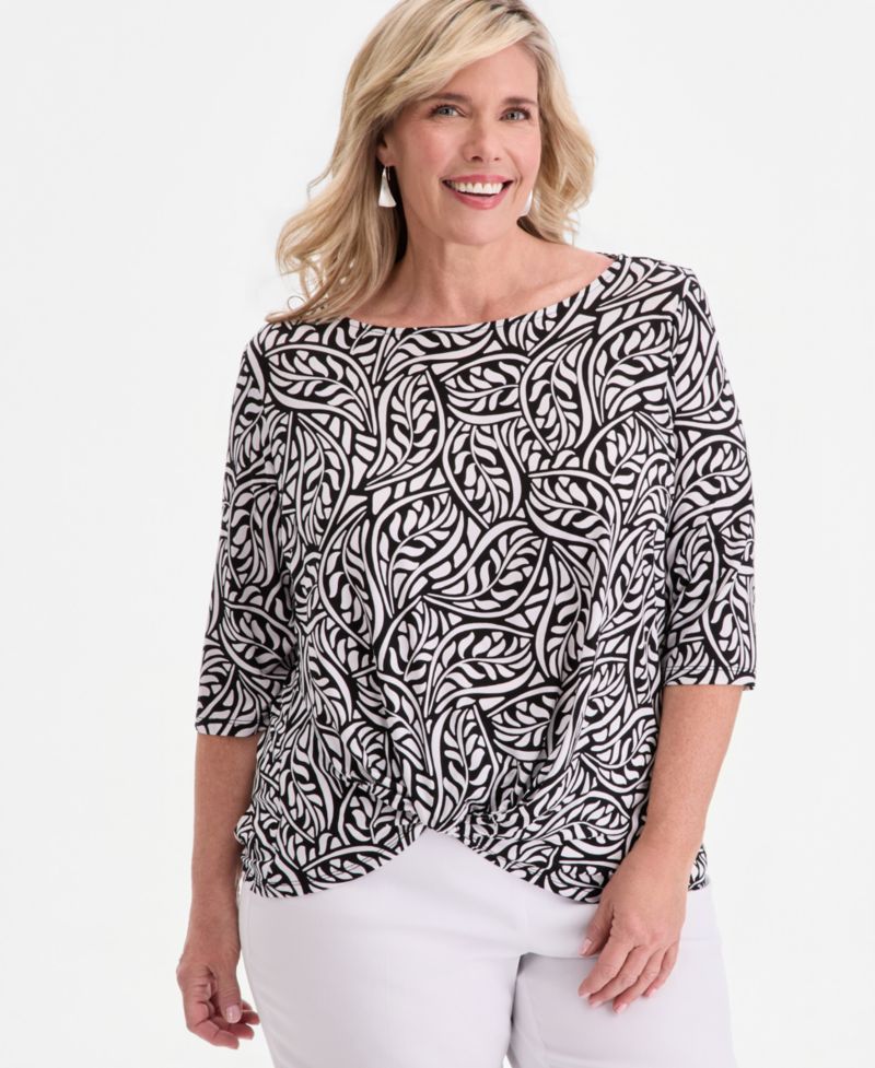 Plus Printed Boat-Neck Twist-Front Top