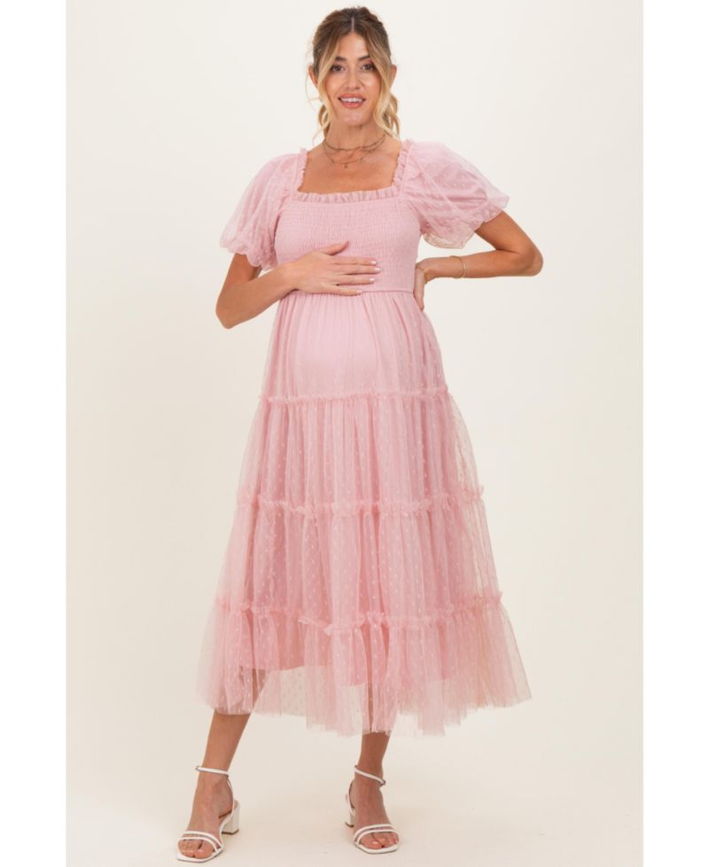 Women's CreamTulle Puff Sleeve Smocked Midi Dress