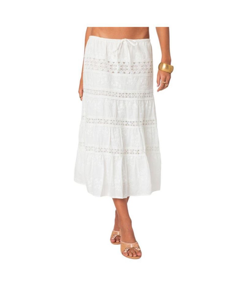 Women's Tiered Cotton Lace Midi Skirt