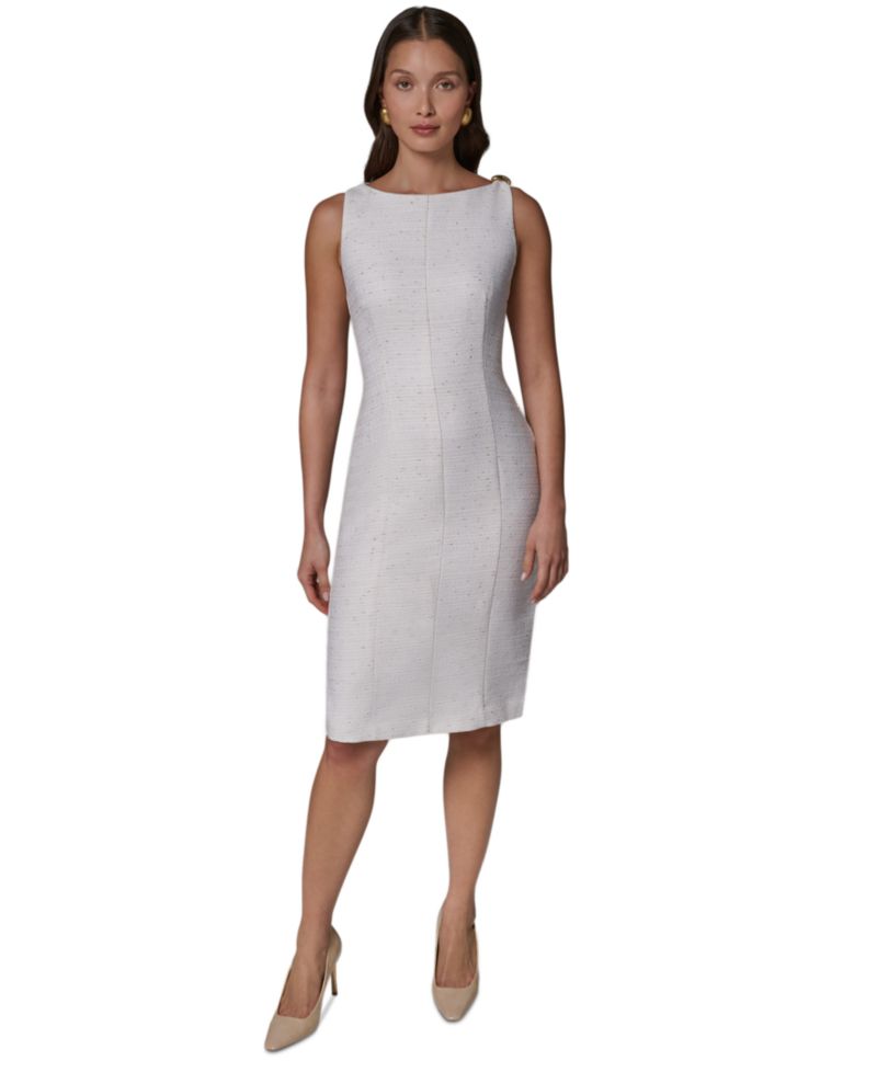Women's Sleeveless Boat Neck Tweed Sheath Dress