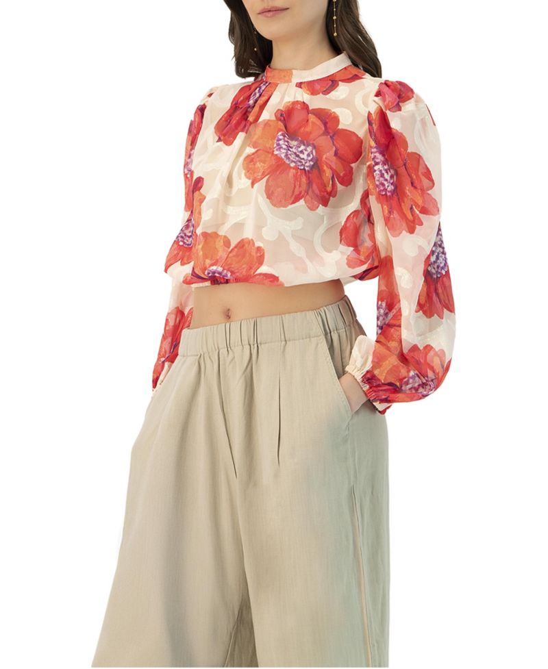 Women's Shimmering Printed Blouse with Pleated Round Neck